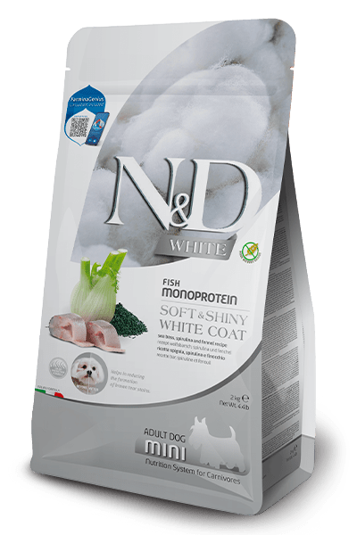 N&D White Sea Bass, Kelp AND Fennel Recipe Adult Mini - Natural & Delicious Soft & Shiny - Dry Dog Food - Farmina - PetToba - Farmina