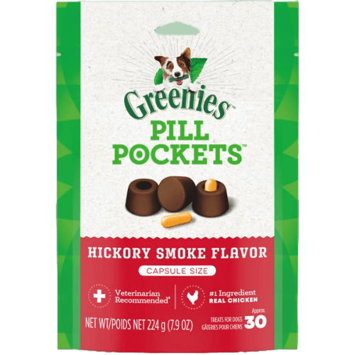 Pill Pockets Adult Dog Treats Capsule Size Hickory Smoke Flavour, 30 Treats 224g (7.9oz) - Greenies - PetToba - Greenies