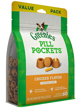 Pill Pockets Adult Dog Treats Capsule Size Value Pack Chicken Flavour, 60 Treats 448g (15.8oz)-Greenies