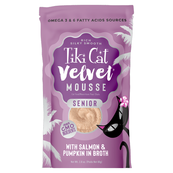 Senior GF Velvet Mousse with Salmon & Pumpkin in Broth (2.8 oz)  Wet Cat  food - Tiki Cat